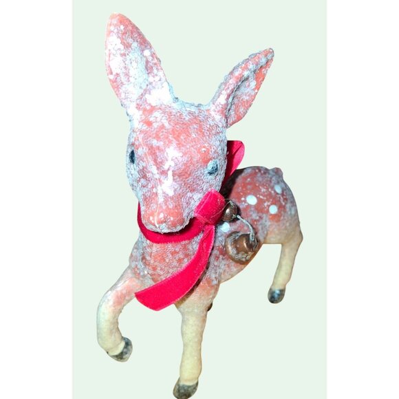 Vintage Flocked Deer Figurines With Red Bows & Bells + Red Bird Clip - Picture 4 of 10